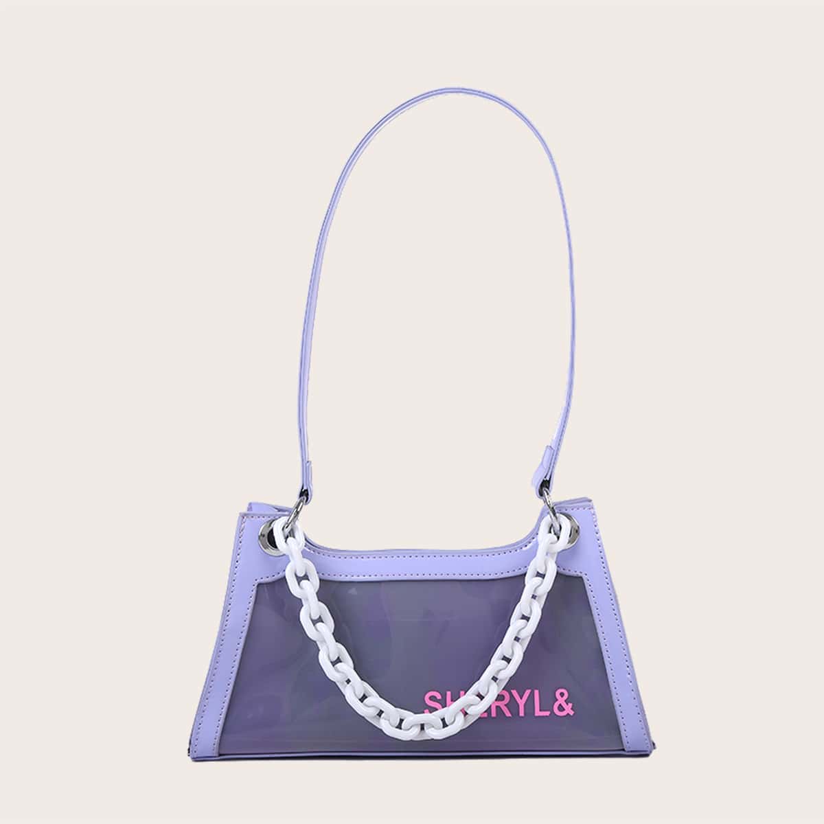 

Chain Decor Letter Graphic Shoulder Bag, Purple