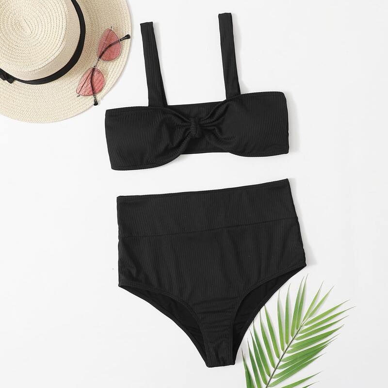 

Rib Knot High Waisted Bikini Swimsuit, Black