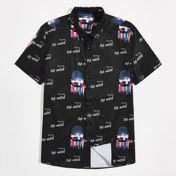 

Men Figure And Letter Graphic Shirt, Black