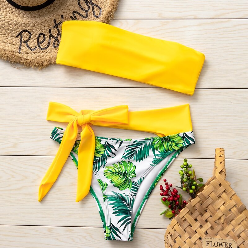 

Tropical Cut-out Knot Bandeau Bikini Swimsuit, Multicolor