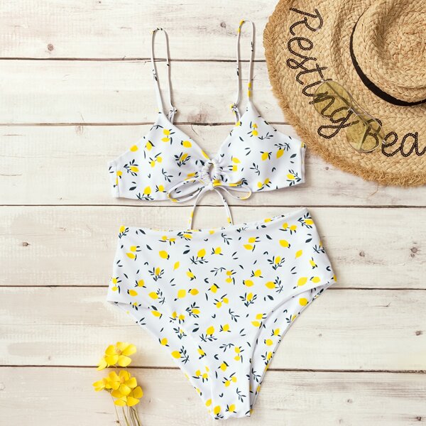 

Lemon Print High Waisted Bikini Swimsuit, White