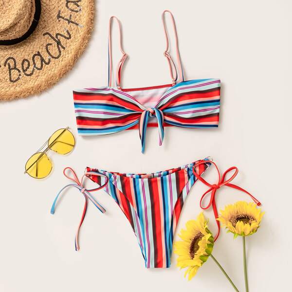 

Colorful Stripe Knot Front Bikini Swimsuit, Multicolor