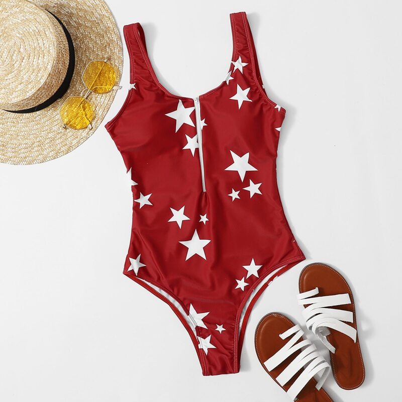 

Star Print Zip Front Random One Piece Swimsuit, Red