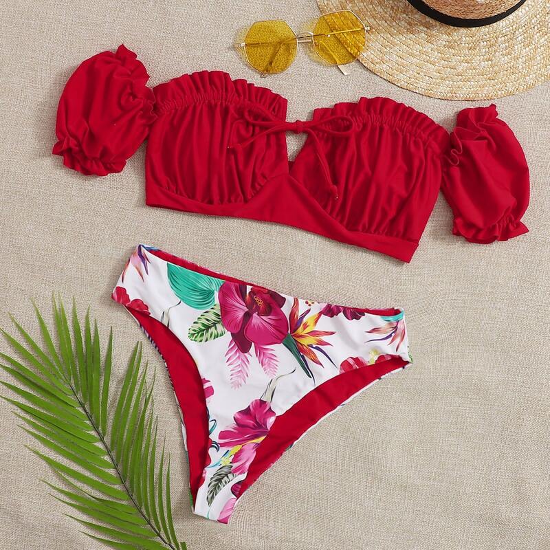 

Floral Ruched Bust Frill Bardot Bikini Swimsuit, Multicolor