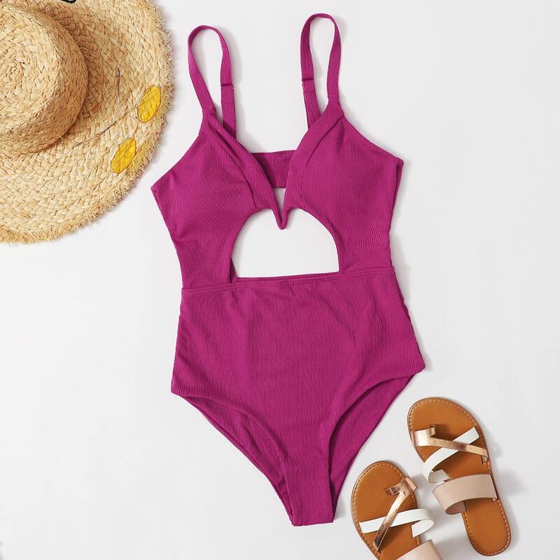 

Rib V Wired Cut-out One Piece Swimsuit, Hot pink
