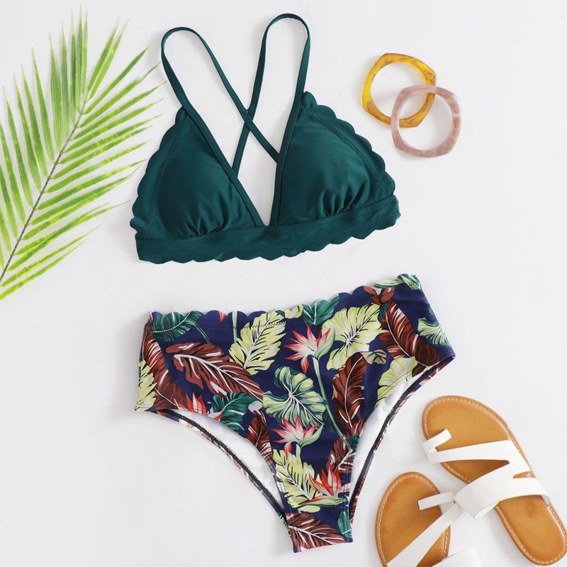 

Tropical Scallop Trim Triangle Bikini Swimsuit, Multicolor