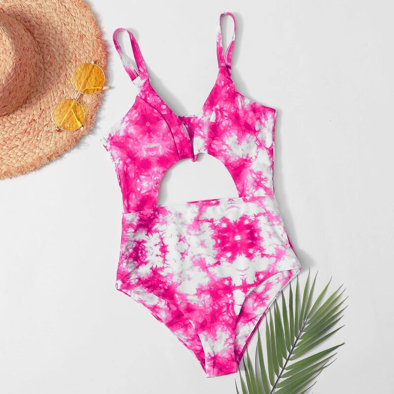 

Tie Dye V Wired Cut-out One Piece Swimsuit, Hot pink