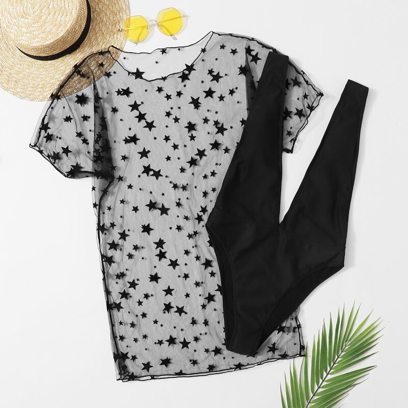 

2pack Star Print One Piece Swimsuit & Cover up, Black