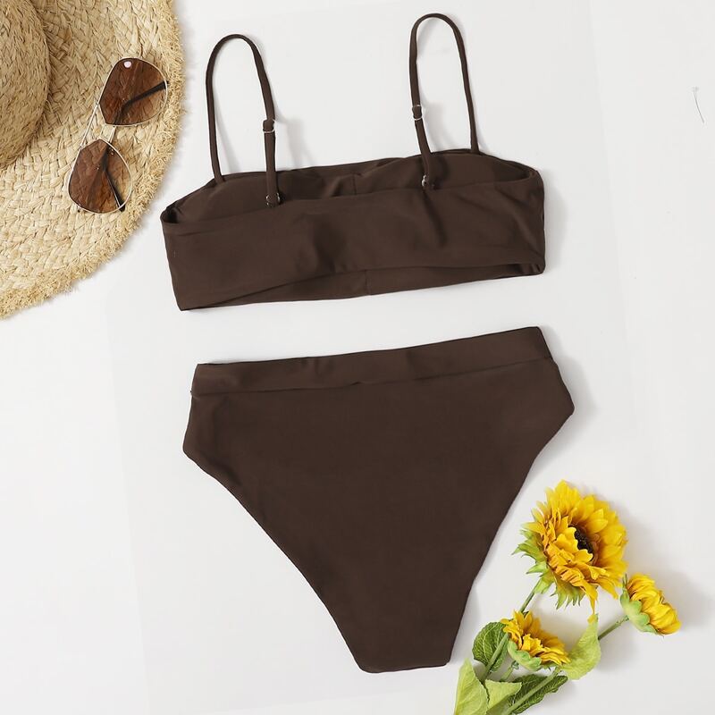 

Solid High Waisted Bikini Swimsuit, Coffee brown