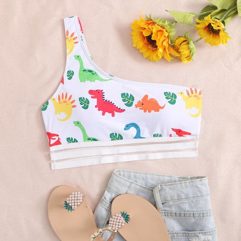 Cartoon Dinosaur One Shoulder Bikini Top, White