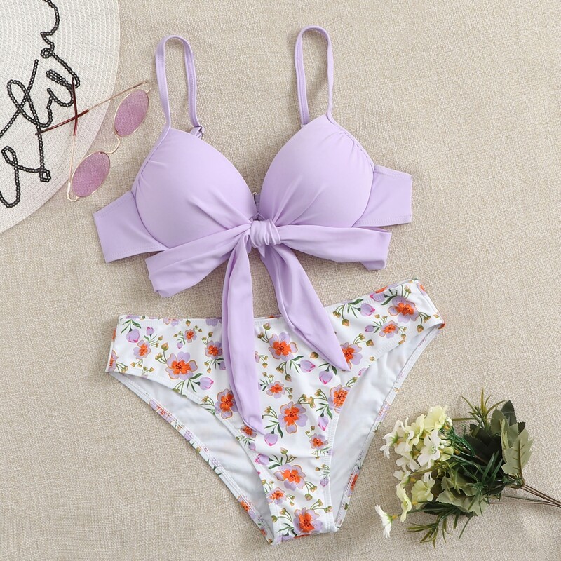 

Floral Knot Front Push Up Bikini Swimsuit, Multicolor