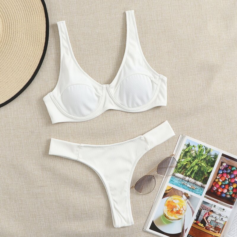 

Rib Underwire High Cut Bikini Swimsuit, White