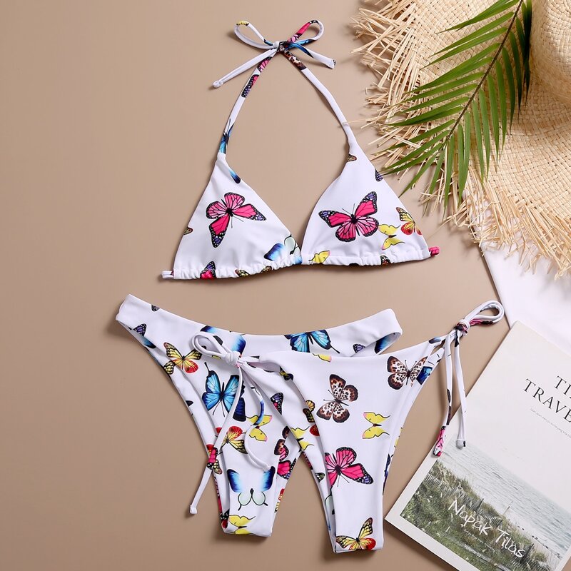 

3pack Butterfly Print Triangle Bikini Swimsuit, White