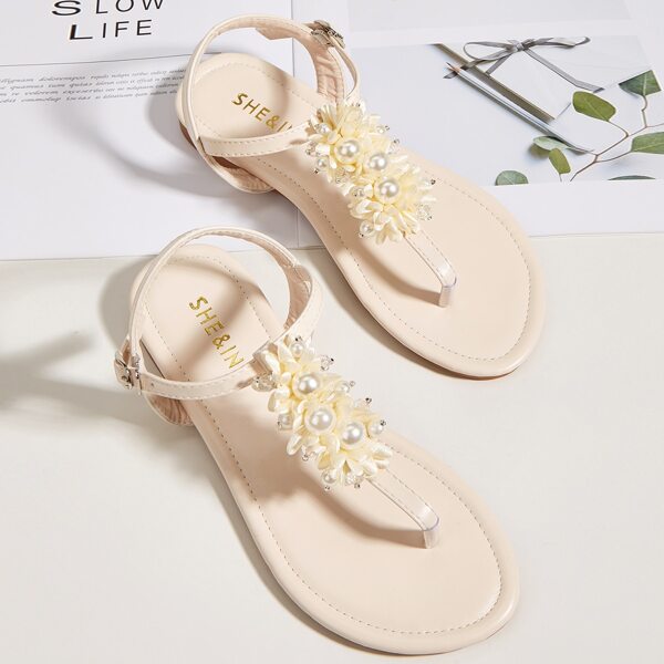 

Faux Pearl Decor Thong Sandals, Apricot