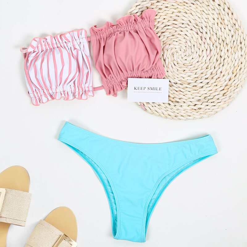 

Striped Ruched Frill Bandeau Bikini Swimsuit, Multicolor