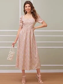 SHEIN Ditsy Floral Puff Sleeve Midi Dress - Multicolor - View 1