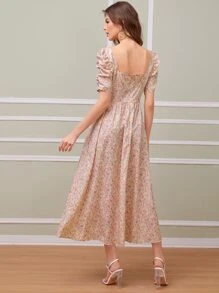 SHEIN Ditsy Floral Puff Sleeve Midi Dress - Multicolor - View 2