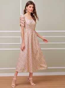 SHEIN Ditsy Floral Puff Sleeve Midi Dress - Multicolor - View 3