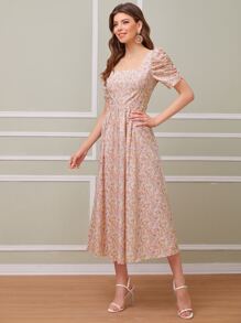 SHEIN Ditsy Floral Puff Sleeve Midi Dress - Multicolor - View 4