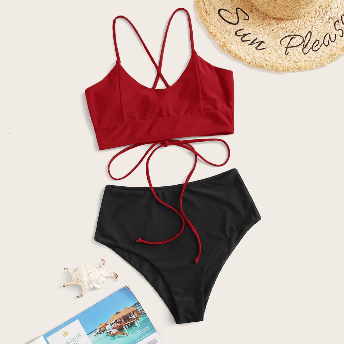 

Tie Back High Waisted Bikini Swimsuit, Multicolor