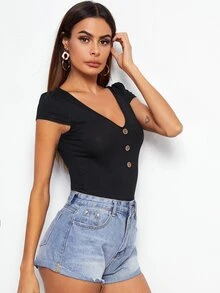 SHEIN LUNE Top tejido de canalé con botón delantero escote V - Negro - Ver 5