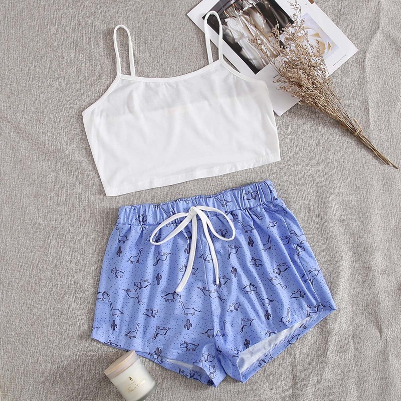 

White Cami & Dinosaur Shorts, Blue and white