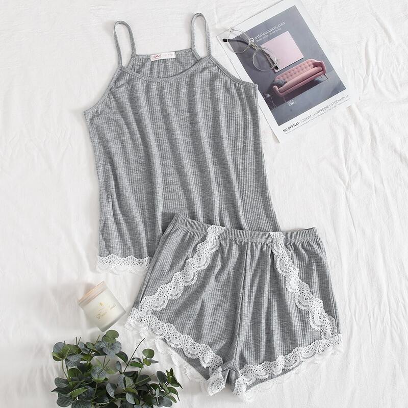 

Ribbed Lace Panel Pajama Set, Grey