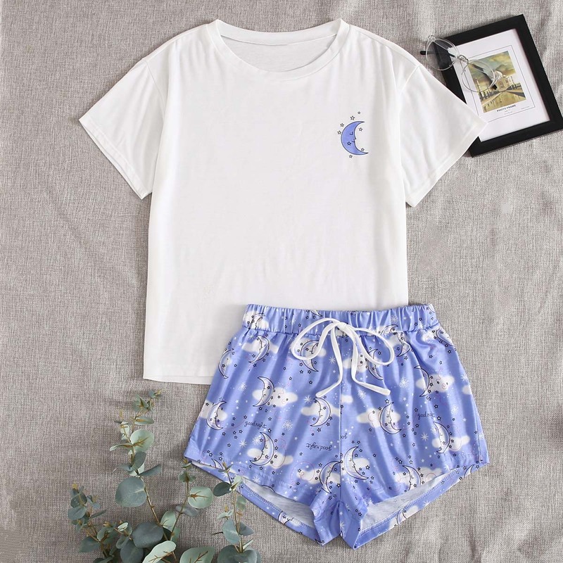 

Moon Print Pajama Set, Blue and white