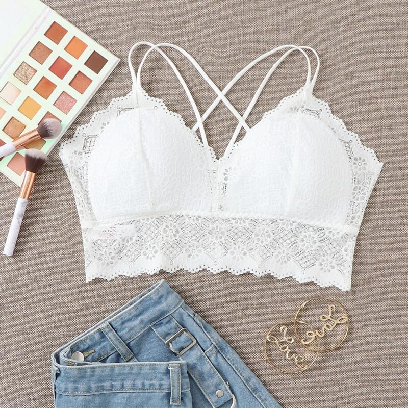 

Lace Trim Strappy Bra, White
