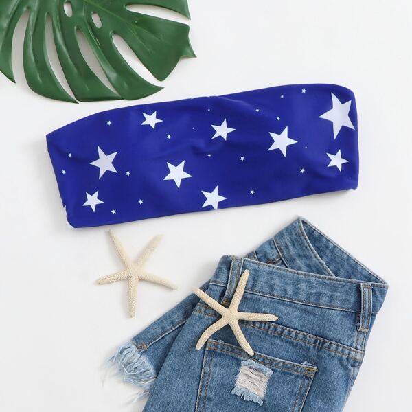 

Star Print Bandeau Bikini Top, Royal blue bright