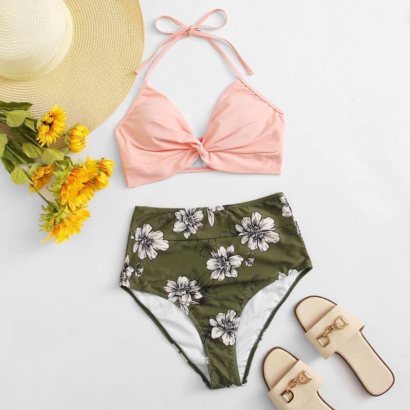

Floral Twist High Waisted Bikini Swimsuit, Multicolor