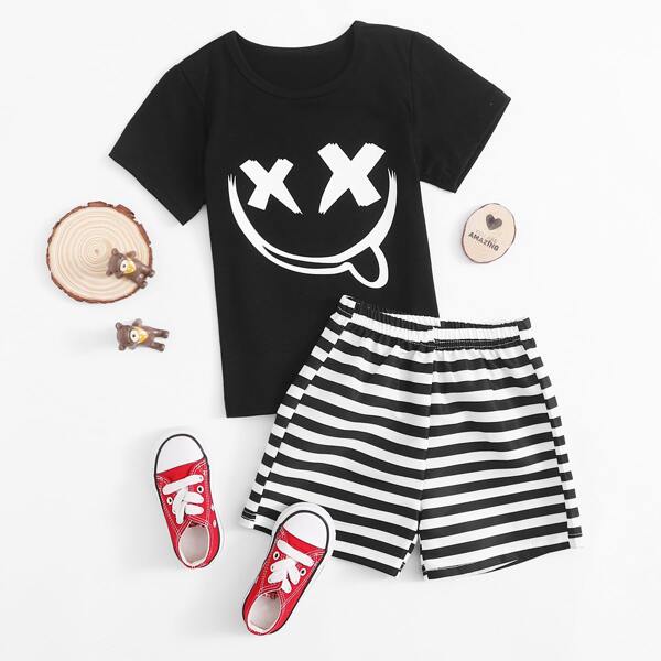 

Футболка с мультипликационным принтом и шорты с полосатым принтом для мальчиков, Чёрнобелые