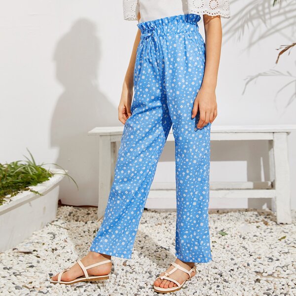 

Girls Paperbag Waist Ditsy Floral Pants, Blue