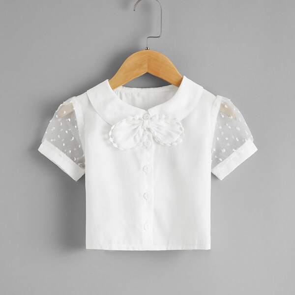 

Toddler Girls Contrast Organza Sleeve Bow Blouse, White