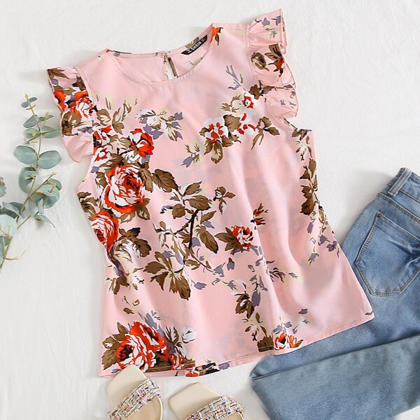 

Ruffle Armhole Floral Print Top, Baby pink