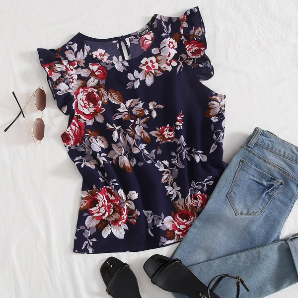 

Ruffle Armhole Floral Print Top, Navy blue