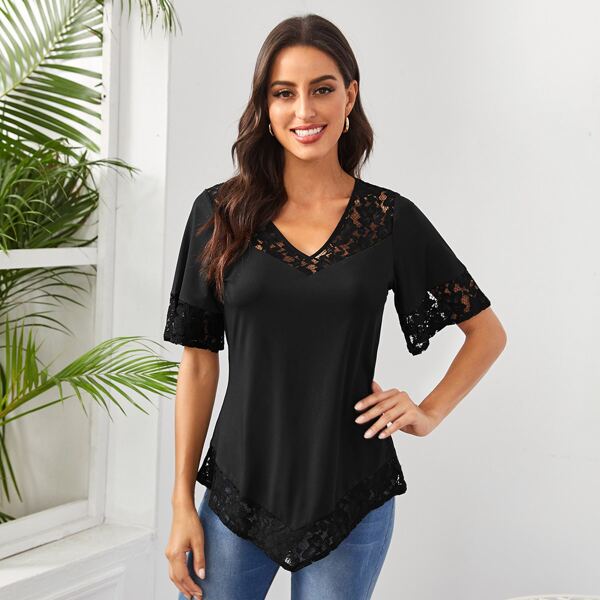 

Contrast Lace Solid Tee, Black