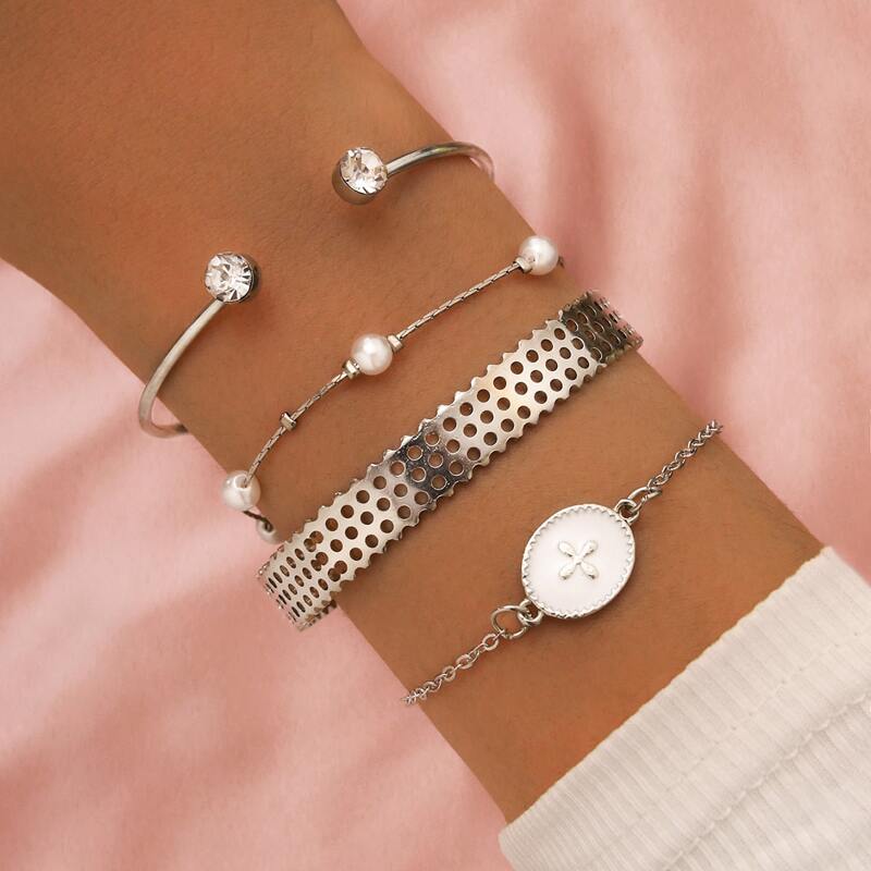 

4pcs Rhinestone Decor Bracelet, Silver