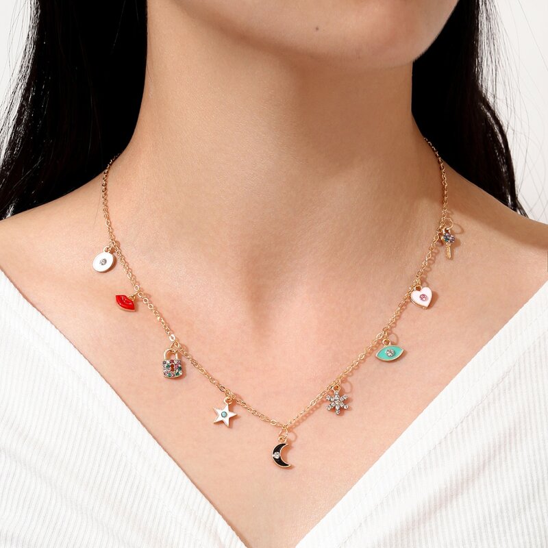 

Rhinestone Eye Charm Necklace, Gold