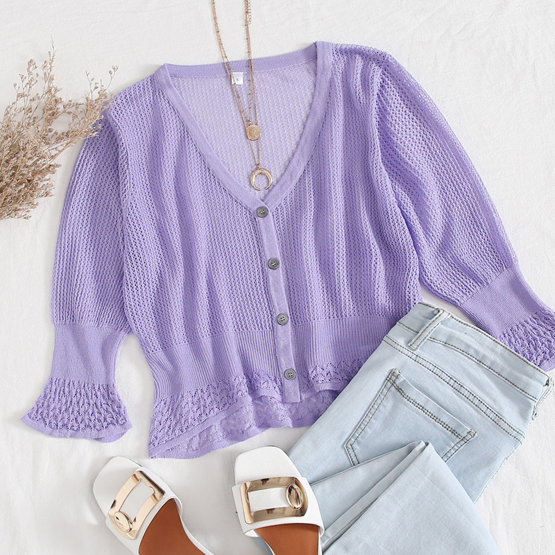 

V-neck Flounce Sleeve Button Up Cardigan, Lilac purple
