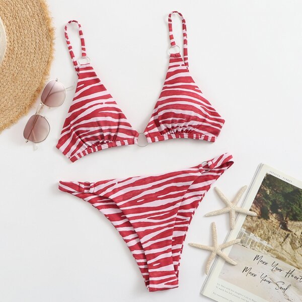 

Zebra Stripe Tanga Bikini Swimsuit, Red