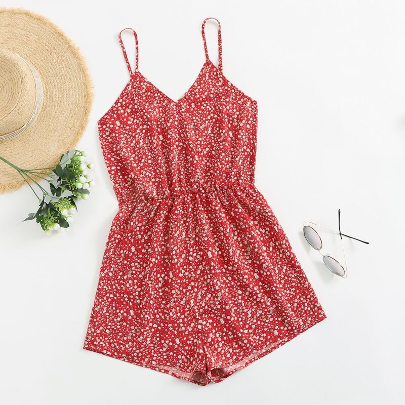 

Ditsy Floral Print Cami Romper, Red
