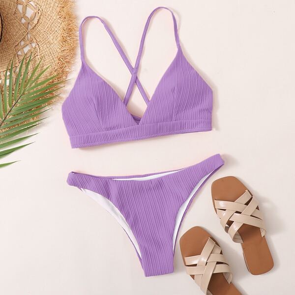 

Textured Criss Cross Bikini Swimsuit, Lilac purple
