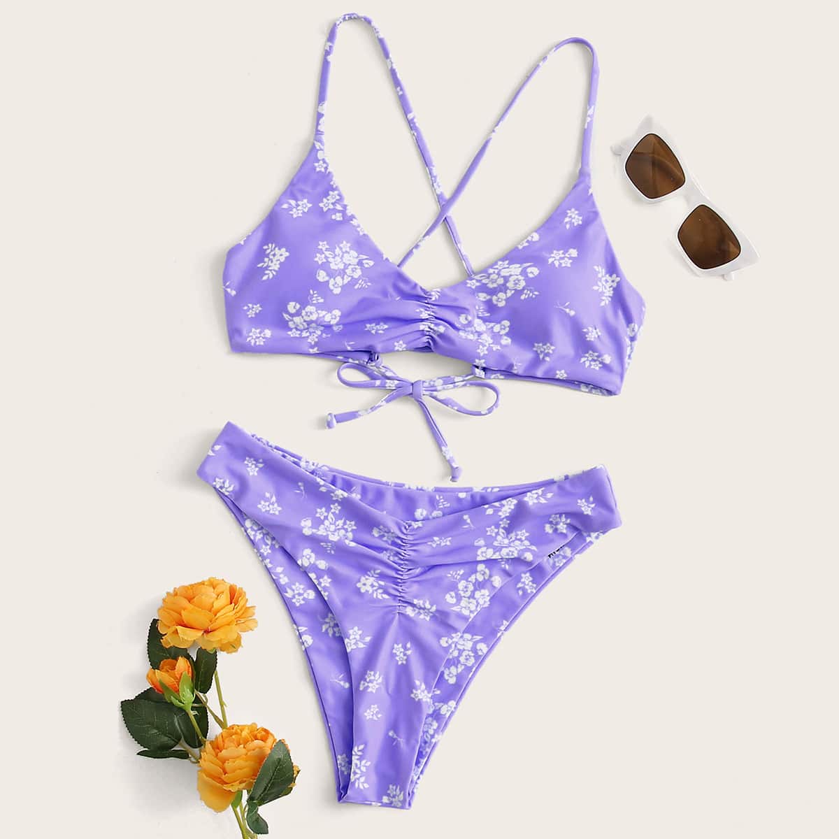 

Floral Ruched High Cut Bikini Swimsuit, Violet purple