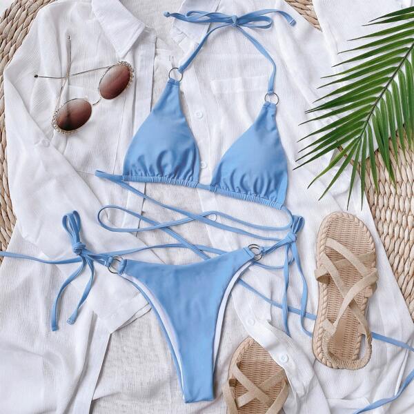

Ring Linked Triangle Tie Side Bikini Swimsuit, Baby blue