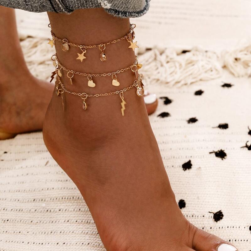 

3pcs Heart Charm Anklet, Gold