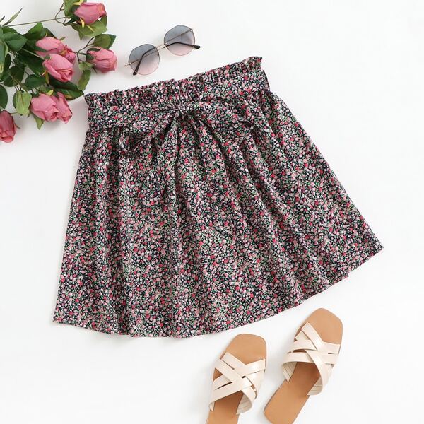 

Ditsy Floral Print Paperbag Waist Belted Skirt, Multicolor