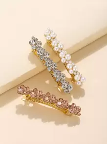 3 piezas Clips para el cabello con resorte decorados con strass y perlas falsas, aptos para uso diario - Multicolor - Ver 1