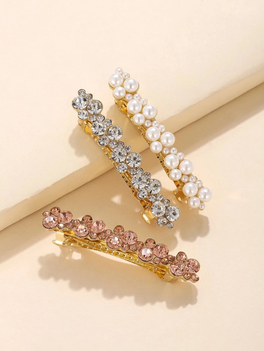 3 piezas Clips para el cabello con resorte decorados con strass y perlas falsas, aptos para uso diario - Multicolor - Ver 1