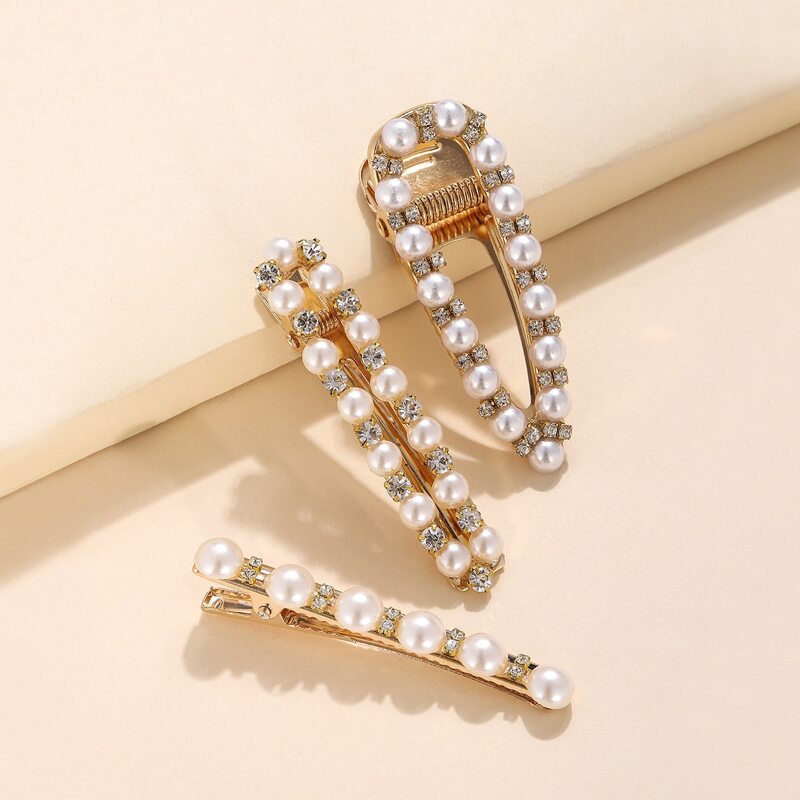 

3pcs Faux Pearl Decor Hair Clip, Gold